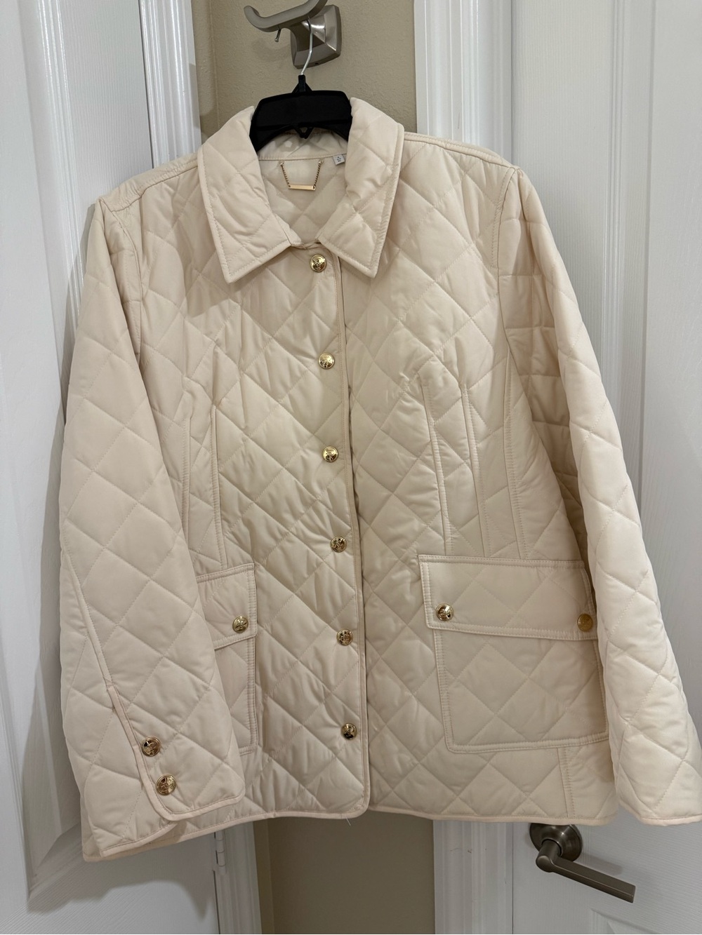 Chico's Quilted Cream Puffer Jacket with Gold Buttons